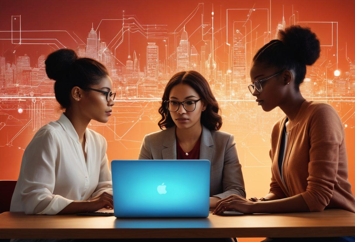 A vibrant collage showcasing diverse women from various cultural backgrounds engaged in technology discussions, with laptops, coding on screens, and digital interfaces. Incorporate elements that symbolize community, such as intertwined hands and speech bubbles filled with tech icons. A backdrop featuring a city skyline merged with circuit patterns to emphasize innovation. warm colors to evoke inclusive energy. super-realistic. vibrant colors.