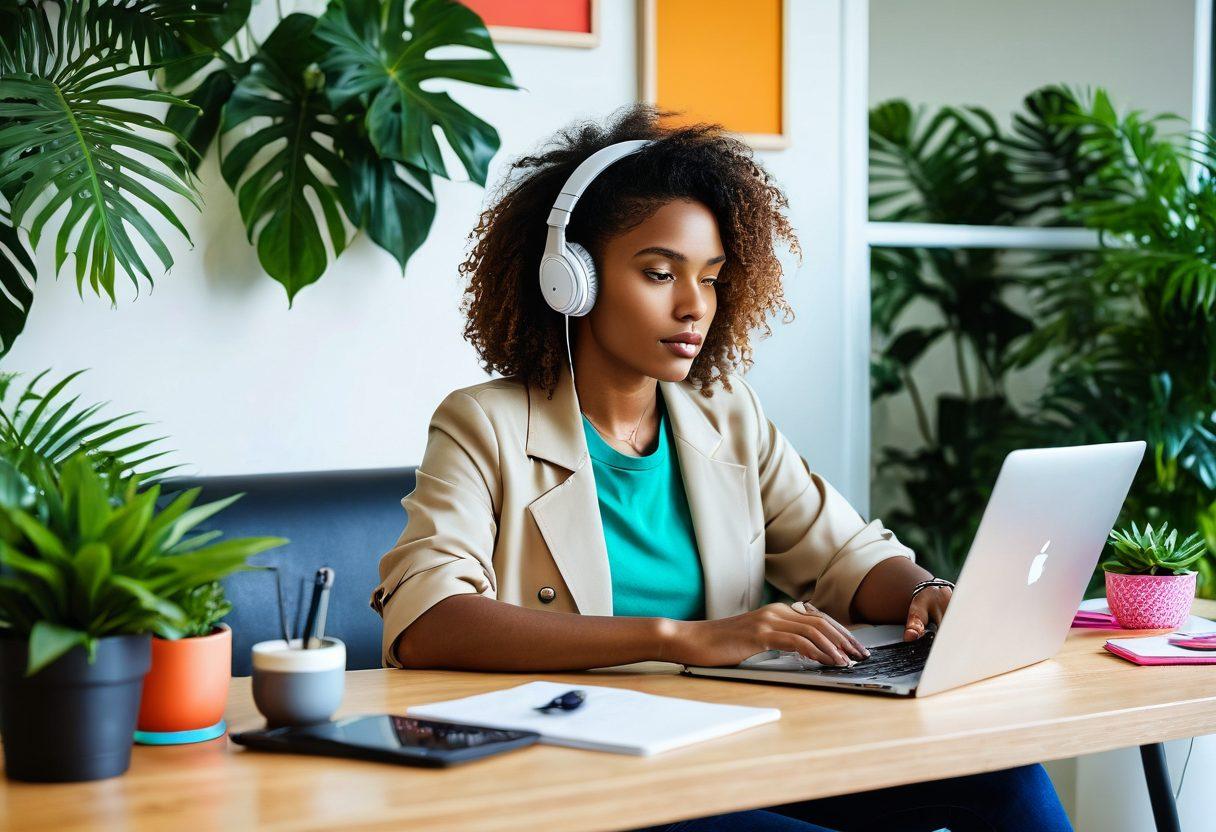 A vibrant workspace featuring a stylish female techie working on a sleek laptop adorned with colorful gadgets and innovative tools. The background is infused with empowering quotes about women in tech, alongside lush greenery and contemporary decor. Showcase elements like headphones, a smart assistant device, and a cutting-edge tablet in focus. A glowing atmosphere enhances the modern and empowering theme. super-realistic. vibrant colors. white background.