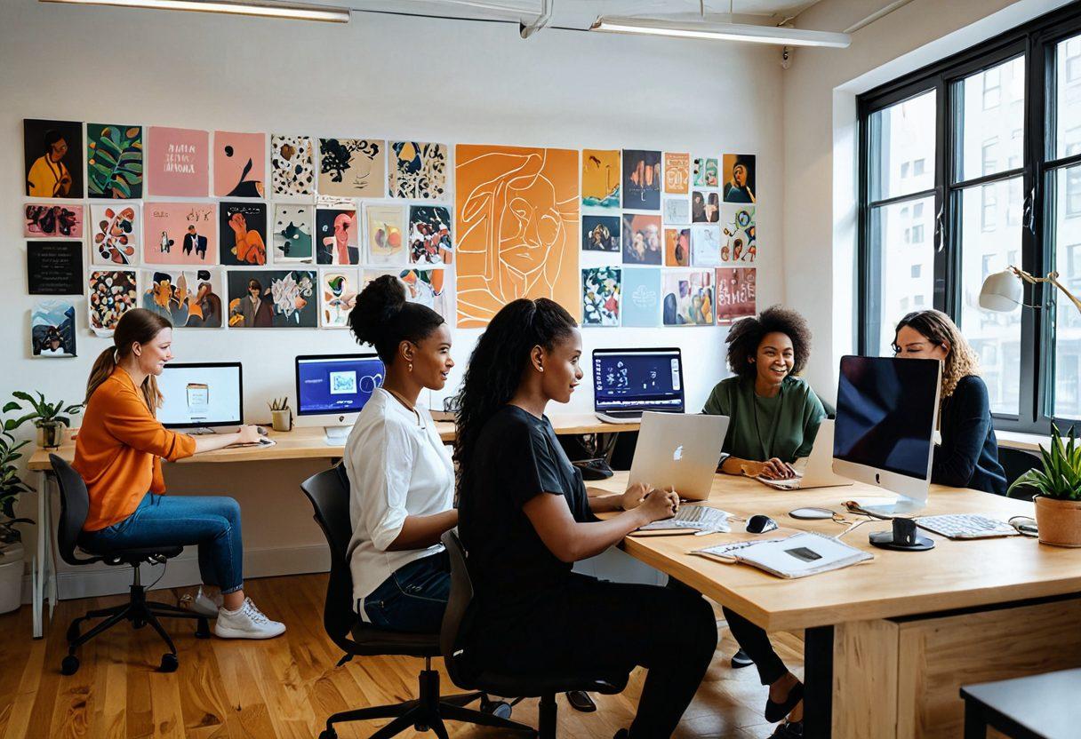 A modern workspace featuring diverse women of various ethnicities collaboratively using innovative tech gadgets, surrounded by inspirational posters of female tech pioneers. Include sleek laptops, smart devices, and artistic tools, with an uplifting atmosphere filled with warm, inviting colors. Intended to convey empowerment, creativity, and teamwork in technology. vibrant colors. super-realistic.